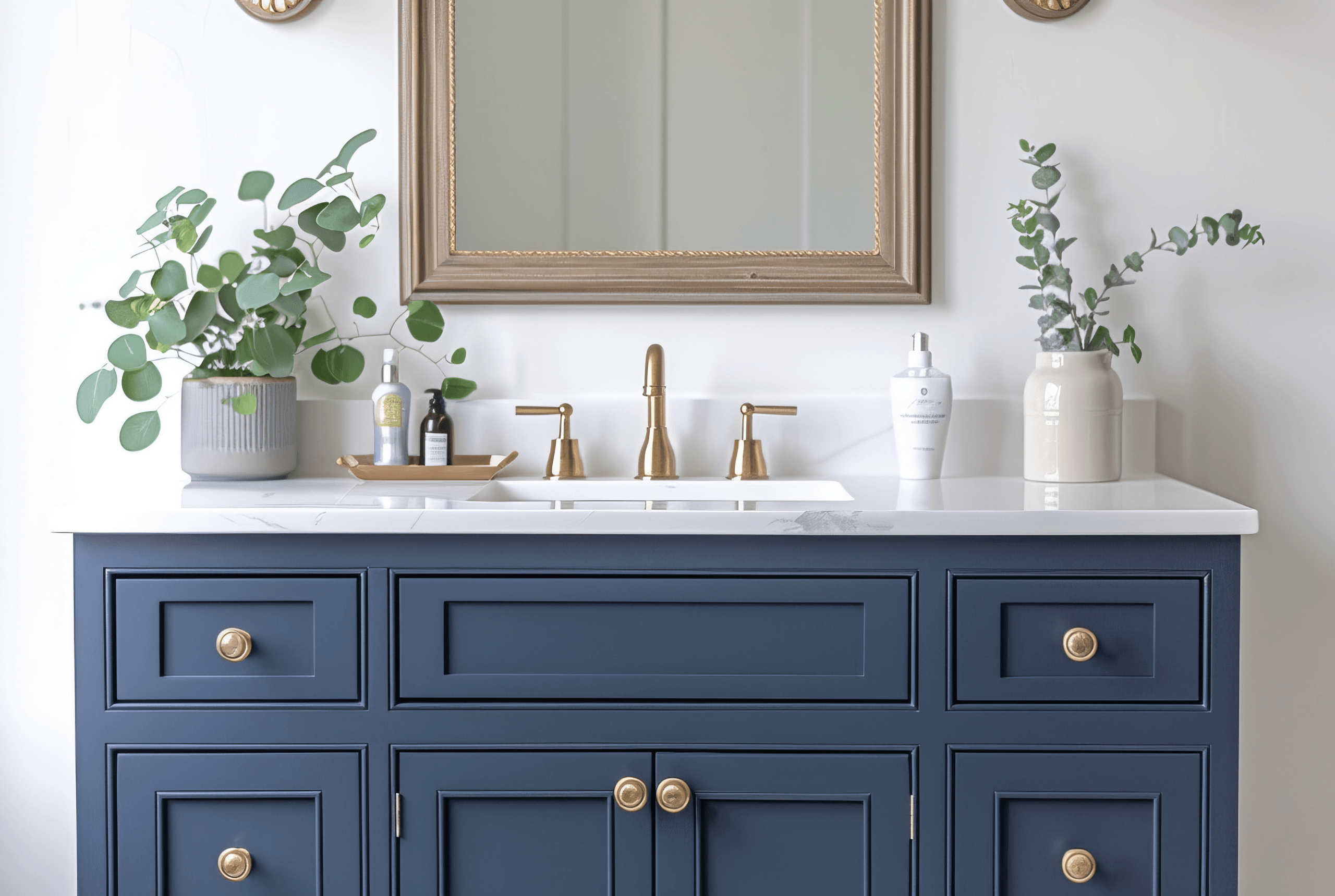 Midnight blue bathroom with gold fixtures