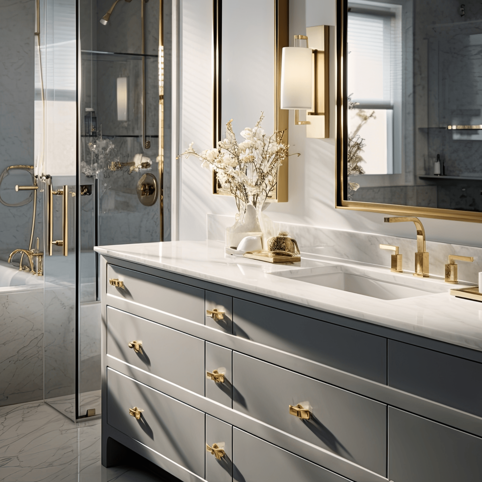 Grey vanity, grey fixtures,marble counter